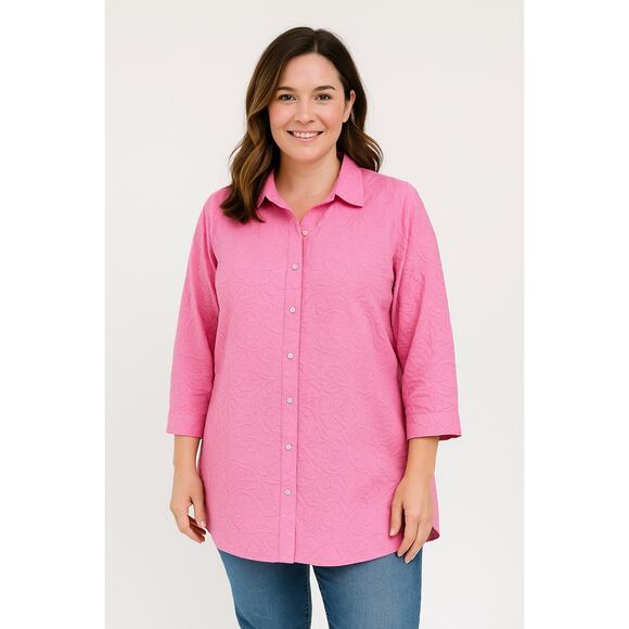 Foxcroft Plus 18W Women Pink Textured Button‑Front Blouse Lightweight - Picture 1 of 9